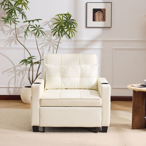 Fauteuil Convertible, 1 Place 3-en-1 Avec Accoudoirs, Porte-gobelets Et Port USB, Blanc