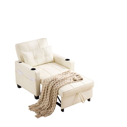 Fauteuil Convertible, 1 Place 3-en-1 Avec Accoudoirs, Porte-gobelets Et Port USB, Blanc