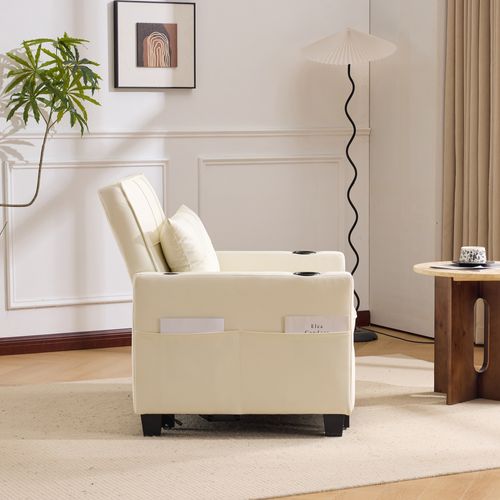 Fauteuil Convertible, 1 Place 3-en-1 Avec Accoudoirs, Porte-gobelets Et Port USB, Blanc