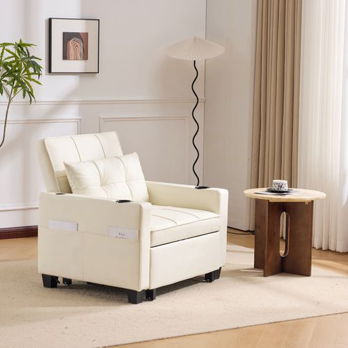 Fauteuil Convertible, 1 Place 3-en-1 Avec Accoudoirs, Porte-gobelets Et Port USB, Blanc
