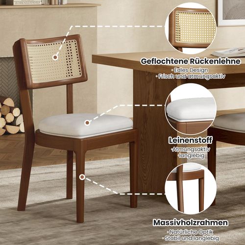 4 Chaises En Bois Massif Avec Dossier En Rotin Et Coussin En Lin, Confortables