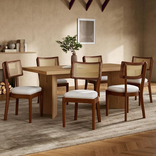 6 Chaises En Bois Massif Avec Dossier En Rotin Et Coussin En Lin, Confortables