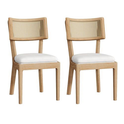 2 Chaises En Bois Massif Avec Dossier Rotin Et Coussin En Lin, Couleur Bois