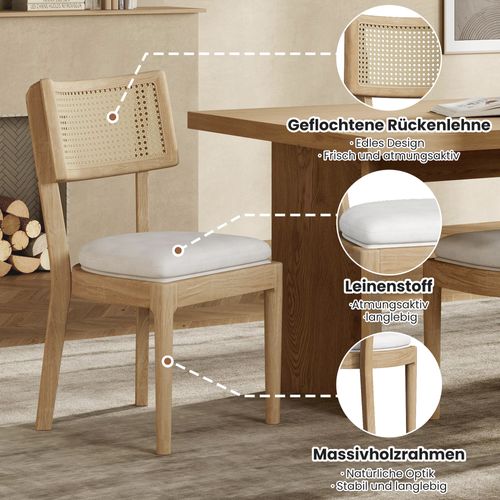 6 Chaises En Bois Massif Avec Dossier Rotin Et Coussin En Lin, Couleur Bois