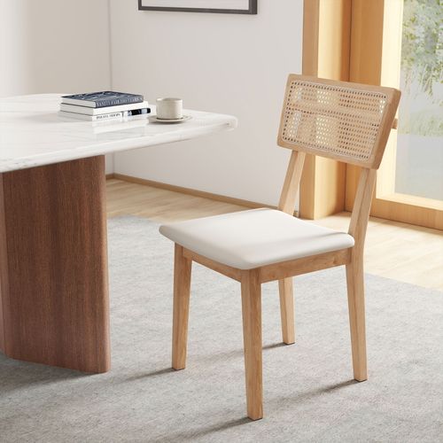 Chaise De Salle à Manger Avec Dossier En Rotin Et Assise En Simili Cuir, Bois Naturel