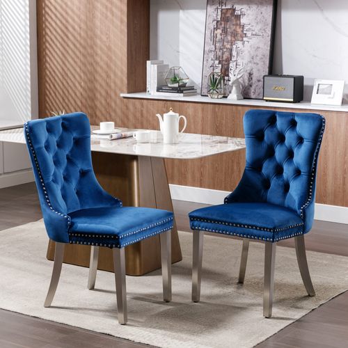 Chaises De Salle à Manger En Velours Bleu Avec Pieds Chromés Et Rivets, 2 Pièces