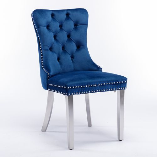 Chaises De Salle à Manger En Velours Bleu Avec Pieds Chromés Et Rivets, 2 Pièces