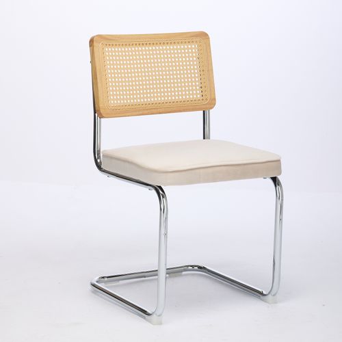 Chaises Mid-century Modern Velours Beige Avec Dossier Rotin Naturel, 2 Pièces