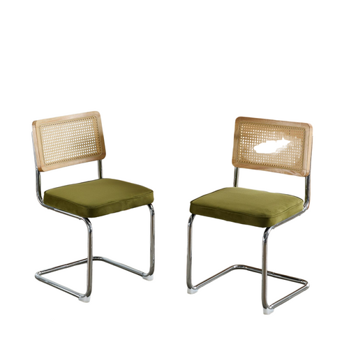 Chaises Mid-century Modern Velours Olive Avec Dossier Rotin Naturel, 2 Pièces