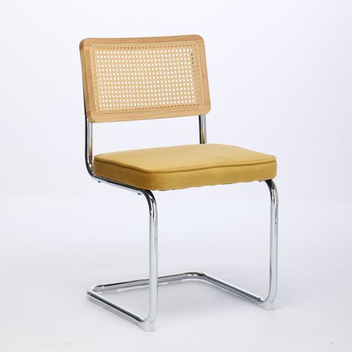 Chaises Mid-century Modern Velours Jaune Avec Dossier Rotin Naturel, 2 Pièces