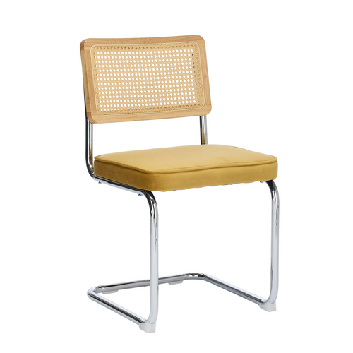 Chaises Mid-century Modern Velours Jaune Avec Dossier Rotin Naturel, 2 Pièces