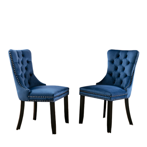 Chaises De Salle à Manger 2 Pièces En Velours Bleu Avec Pieds En Bois Et Clous