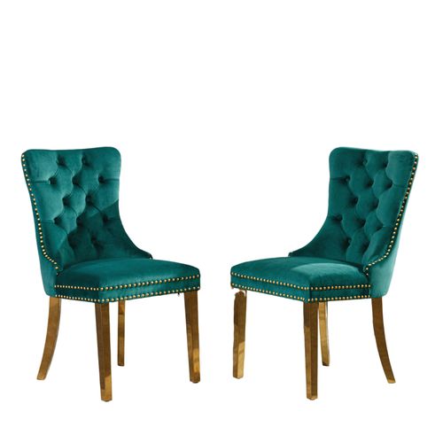 Chaises De Salle à Manger En Velours Vert Avec Pieds Plaqués Or Et Rivets, 2 Pièces