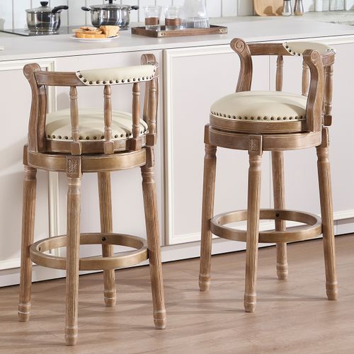 Tabourets De Bar En Cuir Et Bois, Pivotants 360°, Beige
