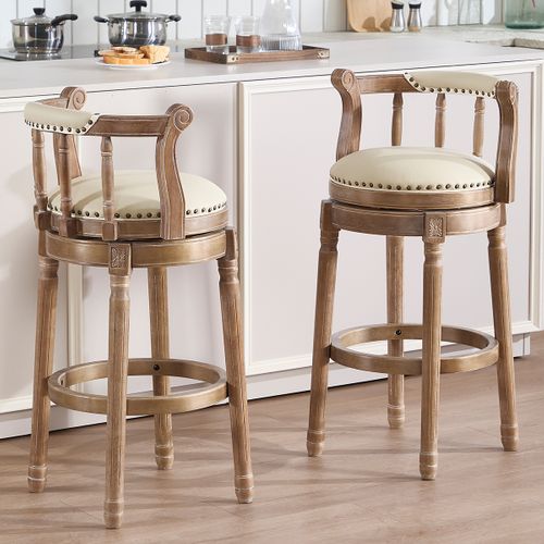 Tabourets De Bar En Cuir Et Bois, Pivotants 360°, Beige