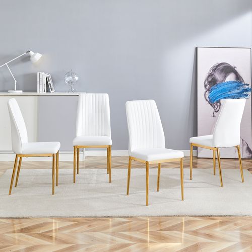 Lot De 4 Chaises Blanches En Pu Avec Pieds Métalliques Dorés Pour Salle à Manger