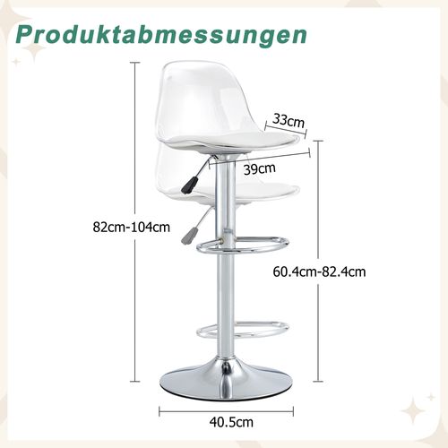 Lot De 2 Tabourets De Bar Réglables Avec Dossier Transparent Et Pieds Argentés