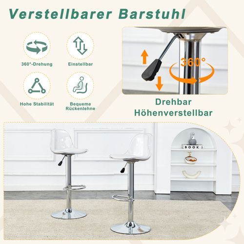 Lot De 2 Tabourets De Bar Réglables Avec Dossier Transparent Et Pieds Argentés