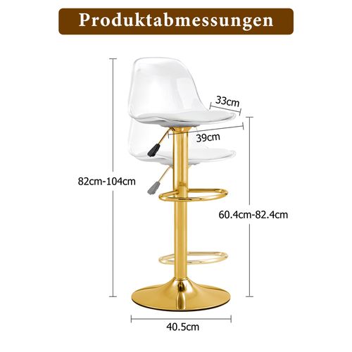Lot De 2 Tabourets De Bar Réglables Avec Dossier Transparent Et Pieds Dorés