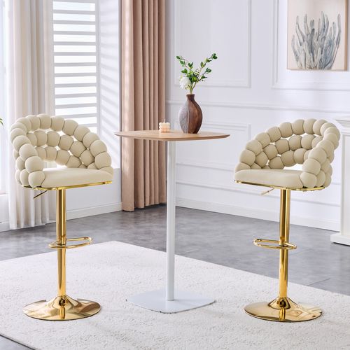 Lot De 2 Tabourets De Bar Crème En Velours, Dossier Chaînes, Pieds Dorés Réglables