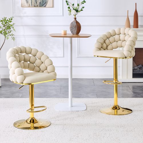 Lot De 2 Tabourets De Bar Crème En Velours, Dossier Chaînes, Pieds Dorés Réglables