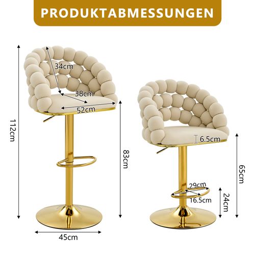 Lot De 2 Tabourets De Bar Crème En Velours, Dossier Chaînes, Pieds Dorés Réglables