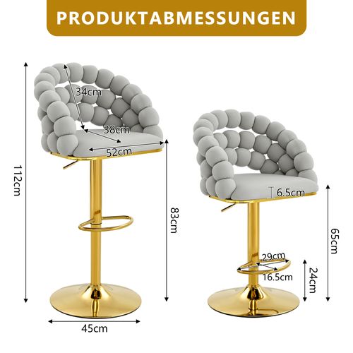 Lot De 2 Tabourets De Bar Gris Clair En Velours, Dossier Chaînes, Pieds Dorés Réglables