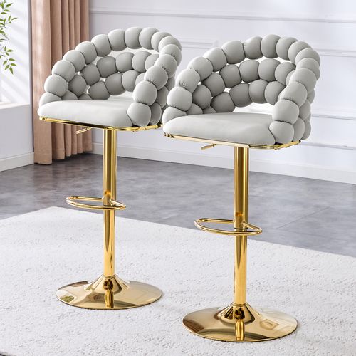 Lot De 2 Tabourets De Bar Gris Clair En Velours, Dossier Chaînes, Pieds Dorés Réglables