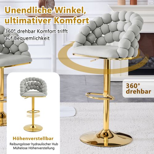 Lot De 2 Tabourets De Bar Gris Clair En Velours, Dossier Chaînes, Pieds Dorés Réglables