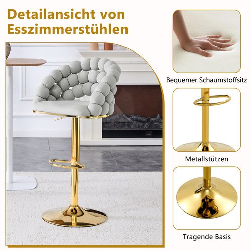 Lot De 2 Tabourets De Bar Gris Clair En Velours, Dossier Chaînes, Pieds Dorés Réglables