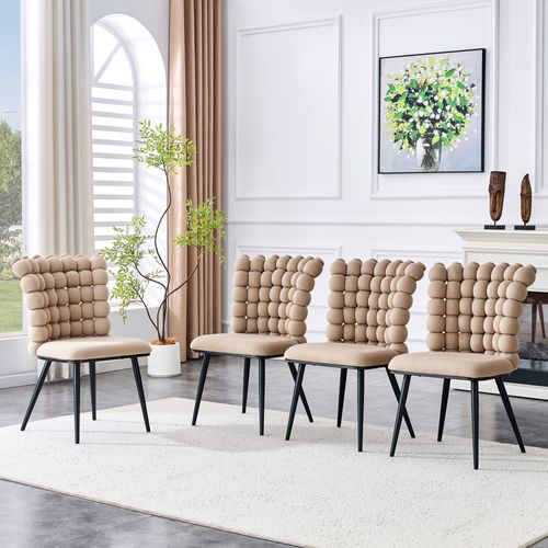 Lot De 2 Chaises En Velours Camel Clair, Dossier Chaînes Sphériques, Pieds Métal Noir