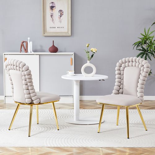 Lot De 2 Chaises En Velours Gris Clair, Dossier Chaînes Sphériques, Pieds Dorés