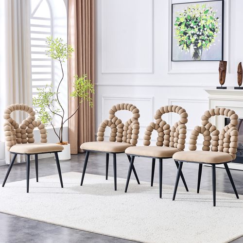 Lot De 2 Chaises En Velours Camel, Dossier Chaînes Sphériques, Pieds Dorés