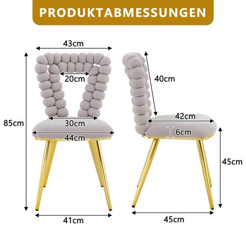Lot De 2 Chaises Gris Clair En Velours, Dossier Triangle, Pieds Métal Dorés