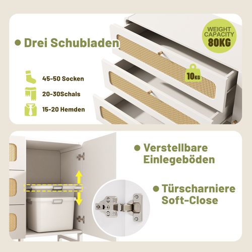 Commode Blanche Style Campagne Avec Rotin Et Poignées Dorées, 3 Tiroirs Et 1 Porte, 120 Cm