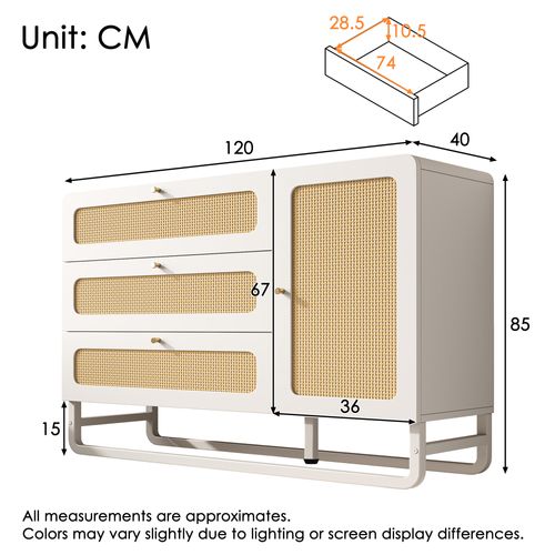 Commode Blanche Style Campagne Avec Rotin Et Poignées Dorées, 3 Tiroirs Et 1 Porte, 120 Cm