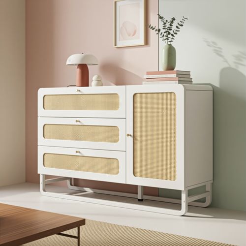 Commode Blanche Style Campagne Avec Rotin Et Poignées Dorées, 3 Tiroirs Et 1 Porte, 120 Cm