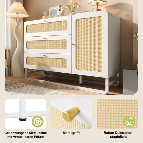Commode Blanche Style Campagne Avec Rotin Et Poignées Dorées, 3 Tiroirs Et 1 Porte, 120 Cm