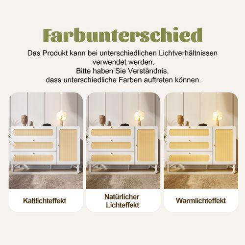 Commode Blanche Style Campagne Avec Rotin Et Poignées Dorées, 3 Tiroirs Et 1 Porte, 120 Cm