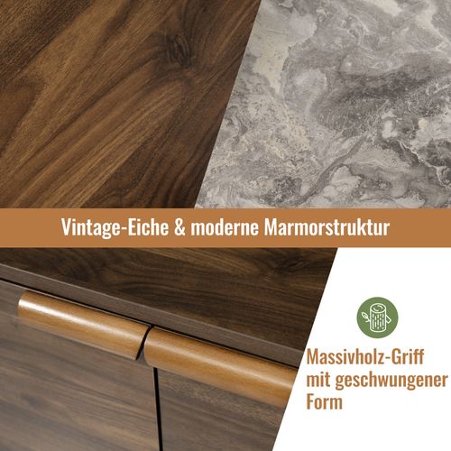 Commode Effet Chêne Avec Plateau Aspect Marbre, 3 Tiroirs, Placard Double, 120 Cm