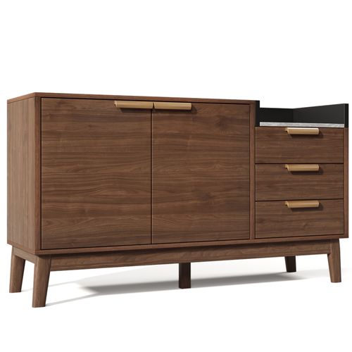 Commode Effet Chêne Avec Plateau Aspect Marbre, 3 Tiroirs, Placard Double, 120 Cm