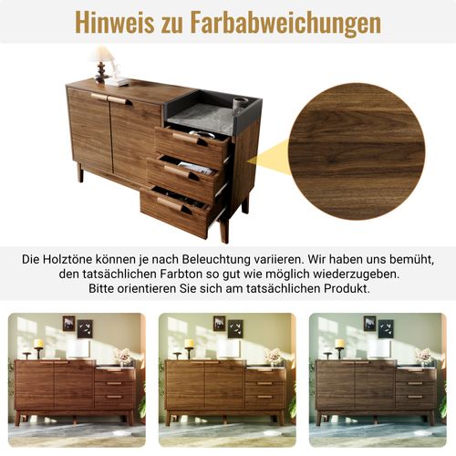 Commode Effet Chêne Avec Plateau Aspect Marbre, 3 Tiroirs, Placard Double, 120 Cm