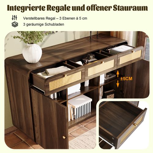 Buffet 120 Cm En Noyer Avec Rotin, Poignées Dorées Et Rangements Multiples