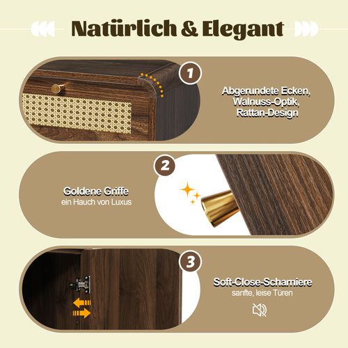 Buffet 120 Cm En Noyer Avec Rotin, Poignées Dorées Et Rangements Multiples