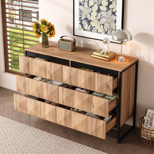 Commode Moderne 6 Tiroirs Noir Et Bois Naturel Avec Pieds Métalliques