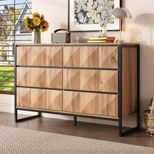 Commode Moderne 6 Tiroirs Noir Et Bois Naturel Avec Pieds Métalliques