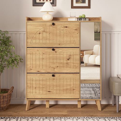 Meuble à Chaussures Moderne Avec Miroir Et 3 Compartiments Rabattables