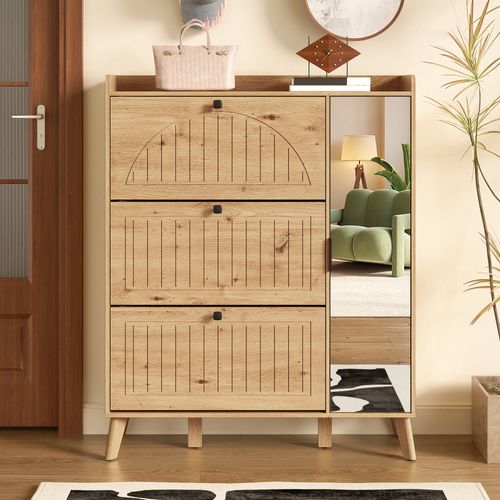 Meuble à Chaussures Moderne Avec Miroir Et 3 Compartiments Rabattables