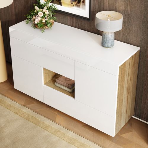 Buffet Blanc Brillant Avec LED Multicolore Et Tiroirs 120×76,5×37 Cm