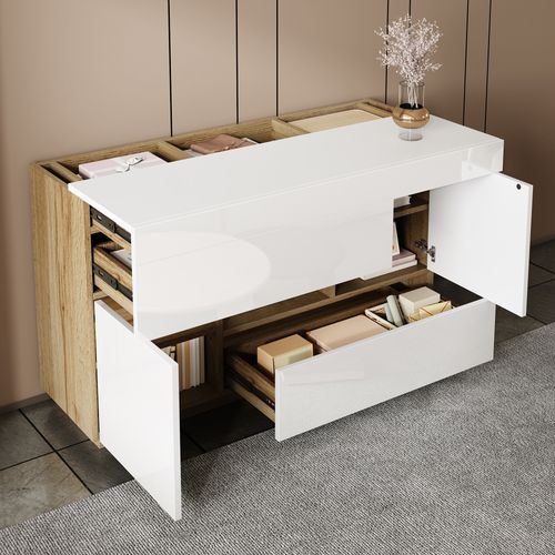 Buffet Blanc Brillant Avec LED Multicolore Et Tiroirs 120×76,5×37 Cm